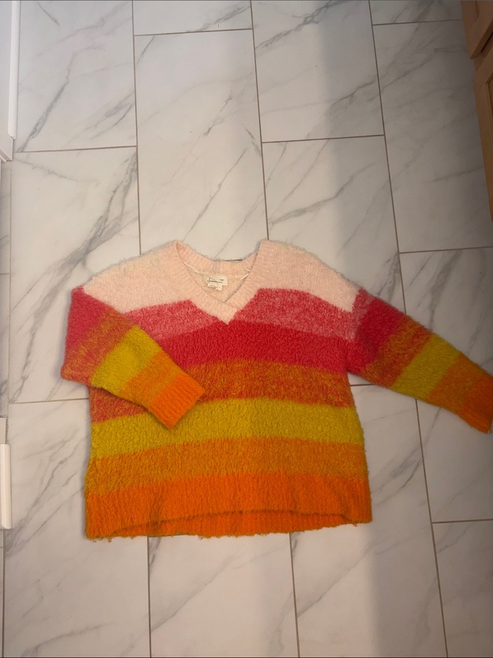 Anthropologie V-Neck Fuzzy Stripe Sweater in Pink, Red, Orange & Yellow